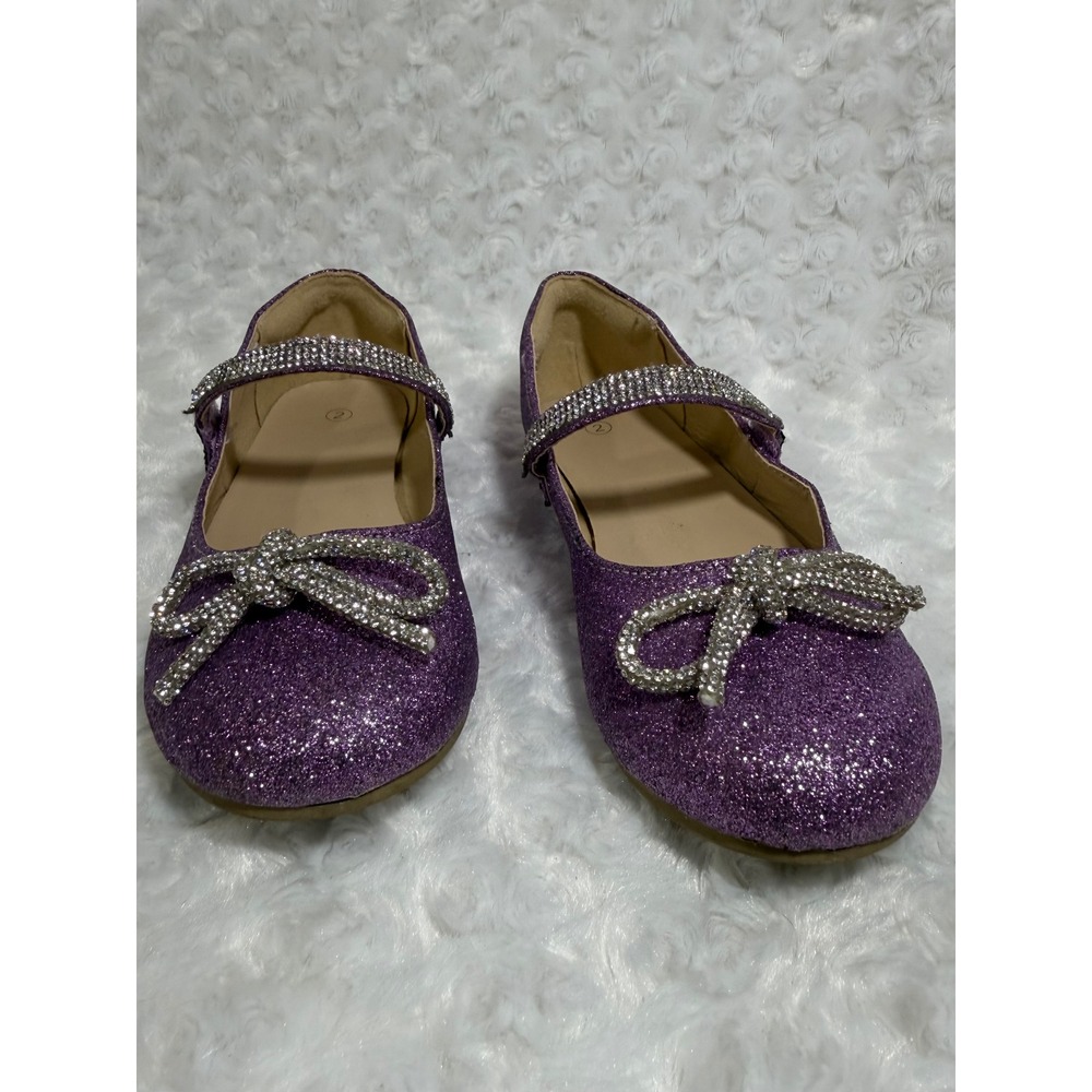 Girls Purple Glitter Rhinestone Bow Mary Jane Dress Flat Shoes Size 2